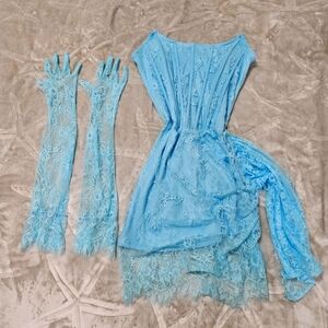 Elegant Blue Lace Dress with Matching Gloves